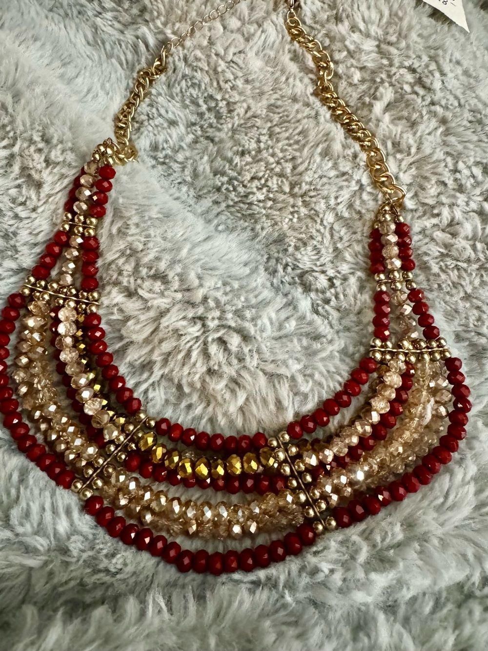 Statement Piece Red and Gold Multi-Strand Necklace acrylic and glass beads - Picture 2 of 11